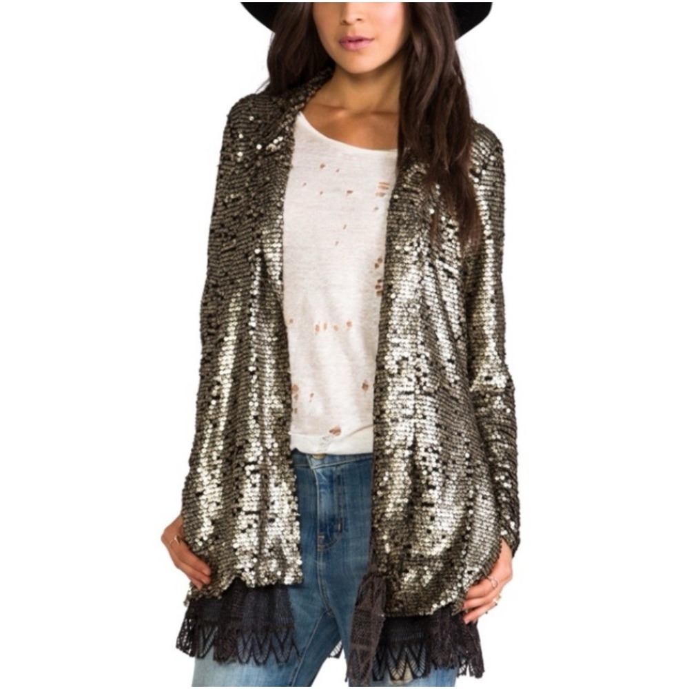 FREE PEOPLE Stardust‎ Lace Tarnished Sequin Boho Blazer Jacket Women's Size XS
